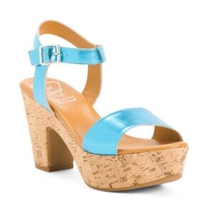 Super comfy leather bright blue shiny wedges!
